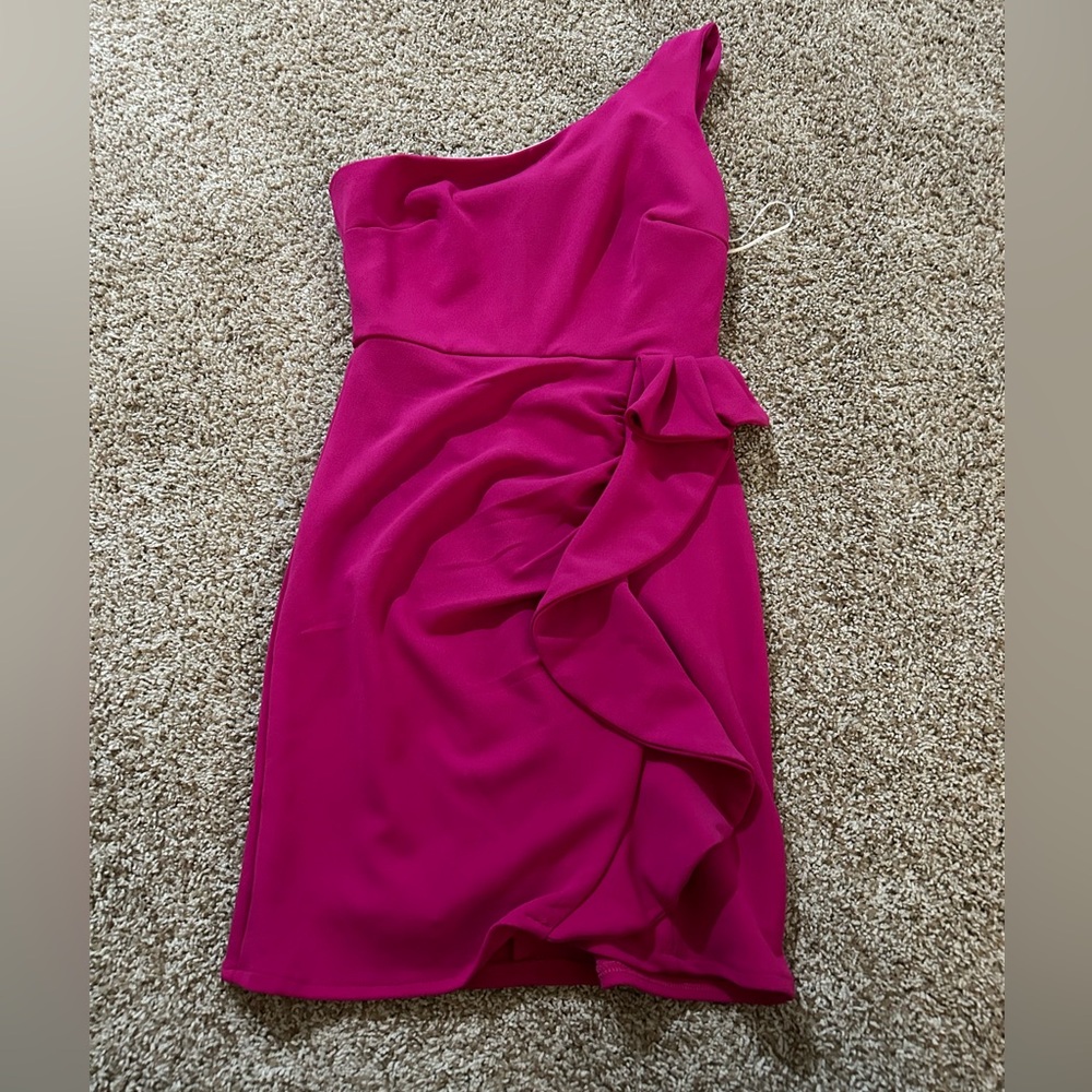 Hello Molly One-Shoulder Ruffle Midi Dress in Fuchsia